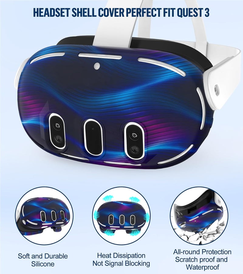 YRXVW Silicone Cover Set Compatible with Oculus/Meta Quest 3, Touch Controller Grips Cover, VR Shell Cover, Facial Interface Cover, Protective Lens Cover, Tempered Glass Lens Caps (Aurora Blue) - Image 4